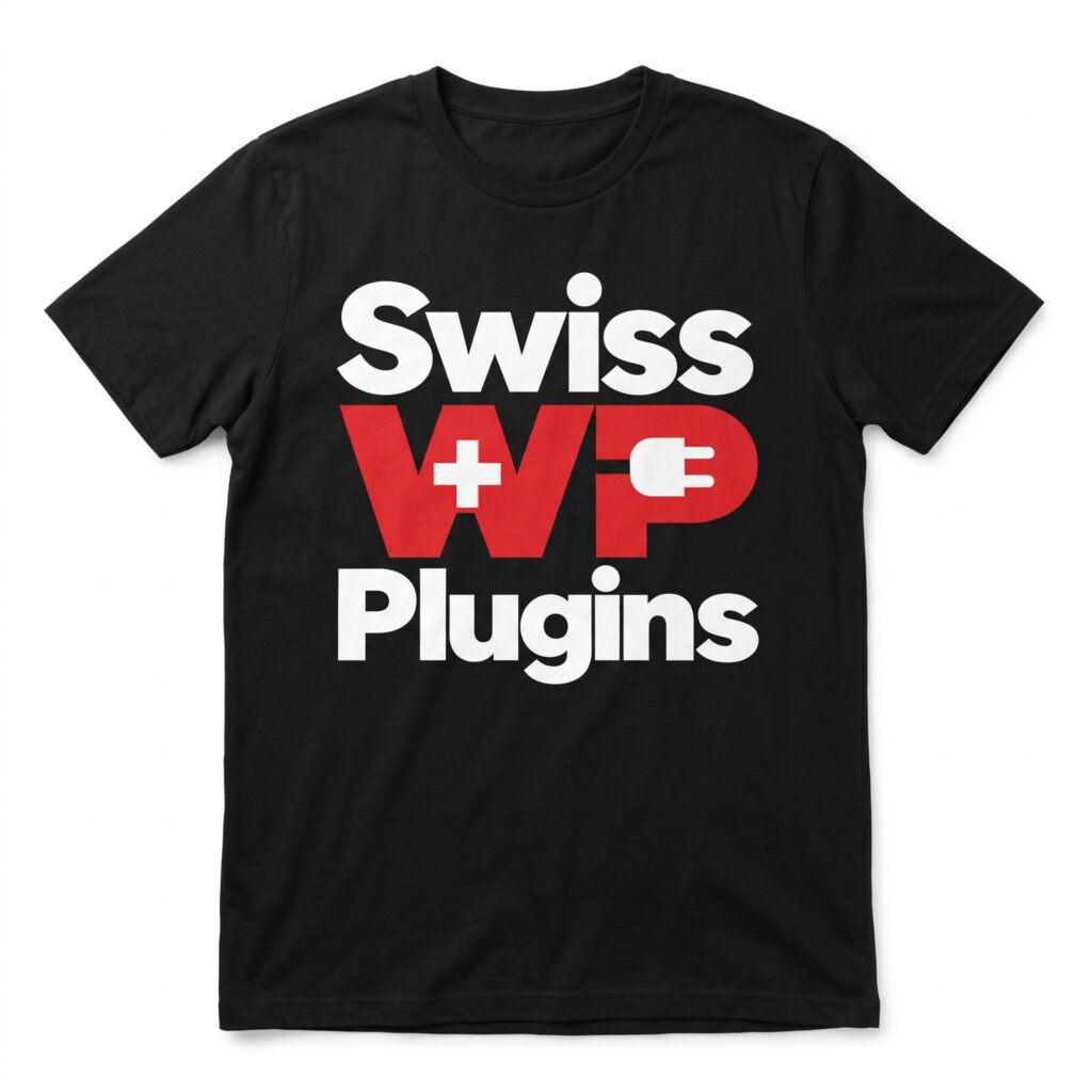 Schwarzes T-Shirt mit weiss-rotem Swiss WP Plugins Textlogo